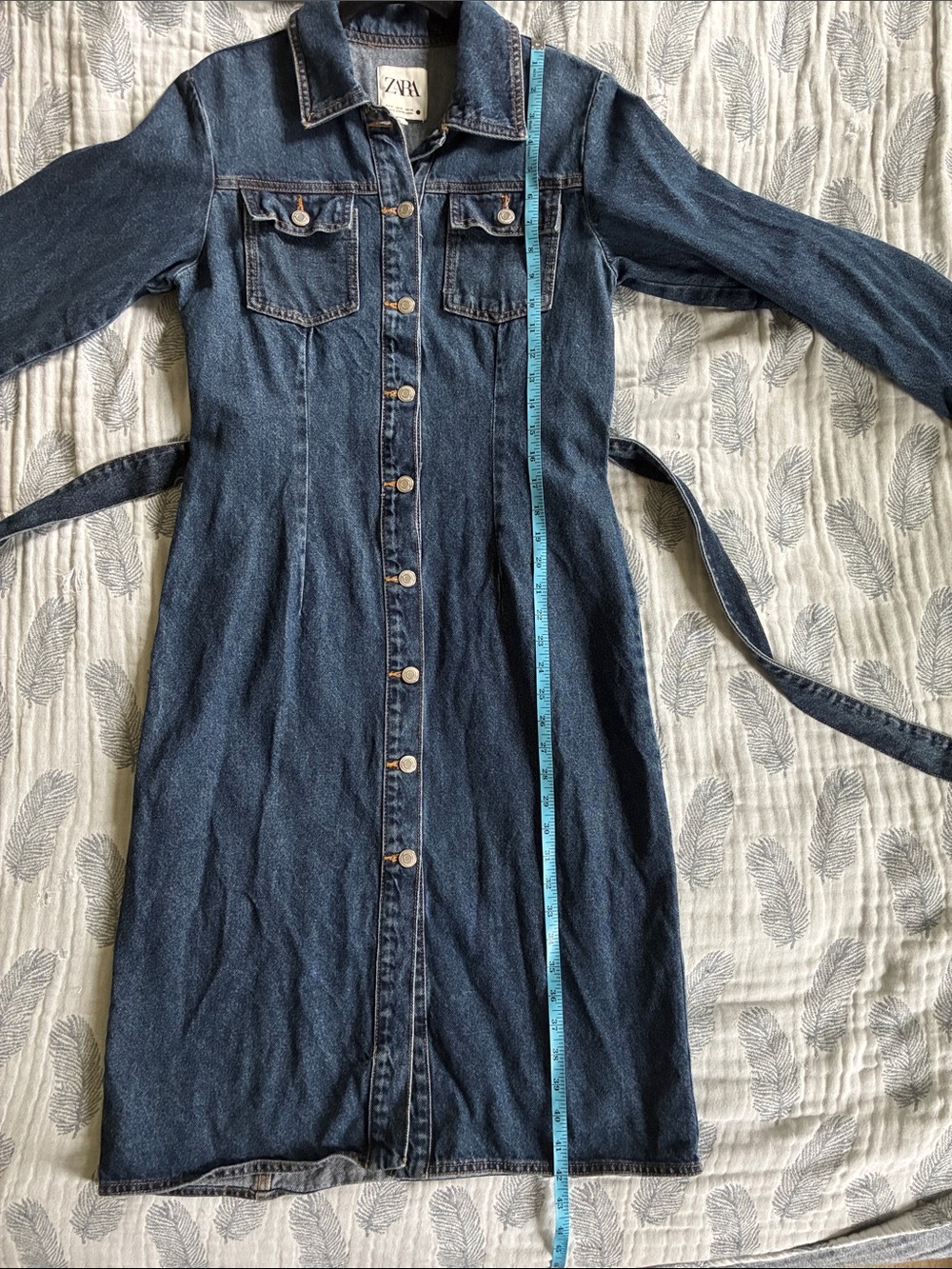 Zara Dark Indigo Denim Button-Front Midi Dress with Belt - Picture 9 of 9